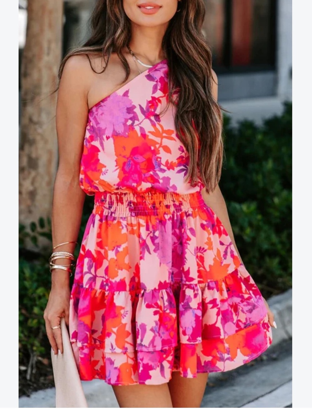 One-Shoulder Floral Mini Dress in Pink & Orange